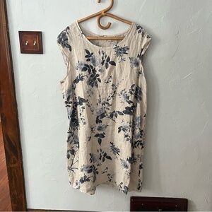 Lungo L'Arno 100% Linen Italy Floral Short Sleeve Dress Blue Cream 2X Lagenlook